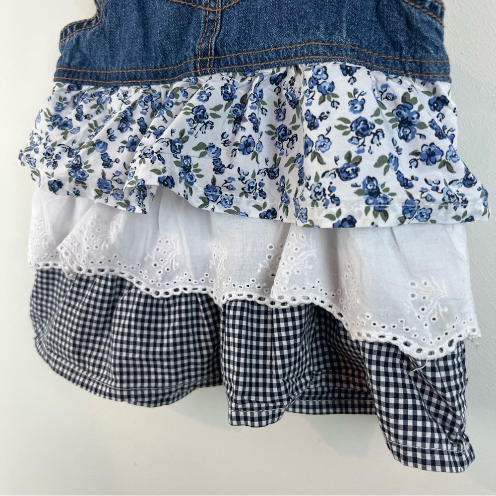 Oshkosh Girls 2T Denim Overall Dress Frill Skirt Eyelet Lace Tiered Gingham - Picture 6 of 9